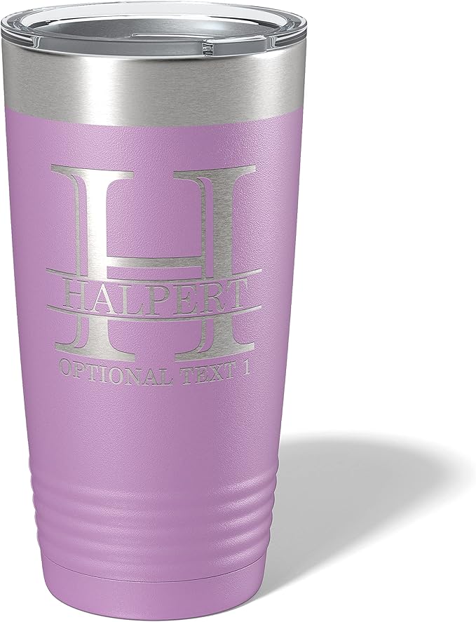 Personalized 20oz (17 Colors) Powder Coated Insulated Stainless Steel Tumbler with Lid, Custom Etched, Customized Engraved Gift Idea for Women Men Her Him, Halpert Monogram Initial Name (Light Purple)
