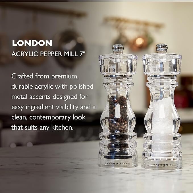 Cole & Mason London Refillable Spice Mill - Kitchen & Home Accessory - Table Black Pepper Grinder - Pepper Mill with Carbon Steel Mechanism - 7", Acrylic
