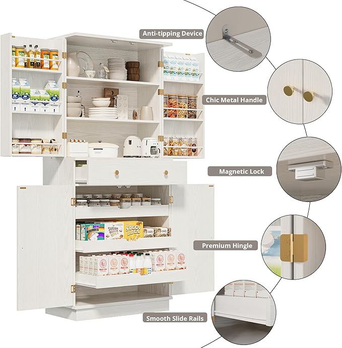 IRONCK Farmhouse Kitchen Pantry Cabinet, 72" Tall Pantry Cabinets with 2 Pull Doors and Drawer Organizing Board Storage for Home Kitchen Dining Room, White