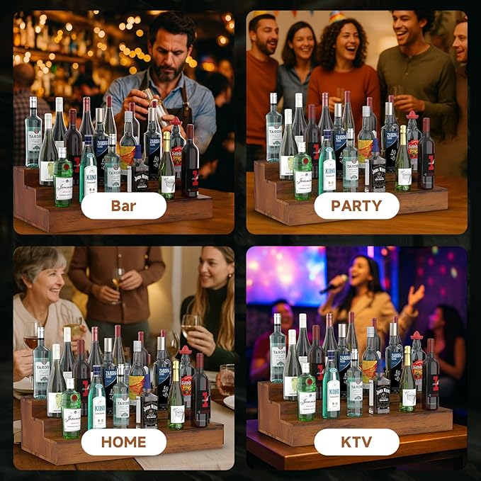 2 Pack Liquor Bottle Stand - 3 Tier Liquor Bar Bottle Display Shelf, Holds 36 Bottles, Real Wood, Easy to Clean, No Installation Required - 24 Inch Each (Dark Walnut)