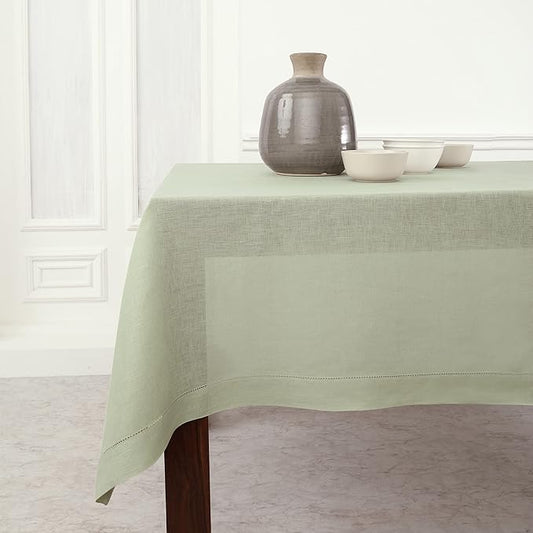 Solino Home Linen Sage Green Tablecloth 60 x 132 Inch - Classic Hemstitch, 100% Pure Linen Rectangular Tablecloth - Machine Washable Table Cloth for Winter, Spring, Easter, St Patricks Day