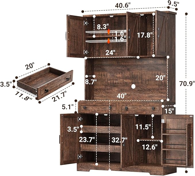 ELYKEN 71" Tall Ktchen Pantry Cabinet with Charging Station & LED Lights, Farmhouse Kitchen Hutch Cabinet with Microwave Stand & Large Countertop for Dining Room Living Room, Brown