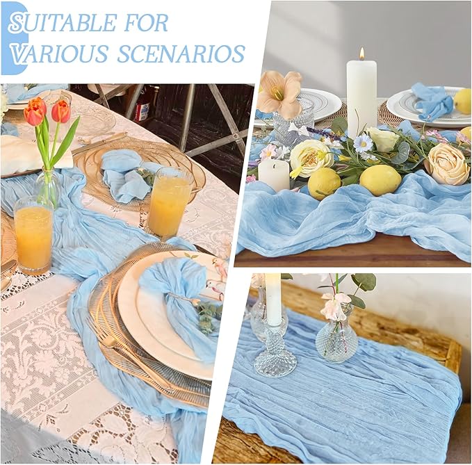 RealBox 3 Pack Baby Blue Cheesecloth Table Runner 17x108 Inch Semi Sheer Boho Gauze Cheese Cloth Fabric Table Runners Table Decor for Wedding Party Baby Shower Birthday Home Decor Garden Farmhouse