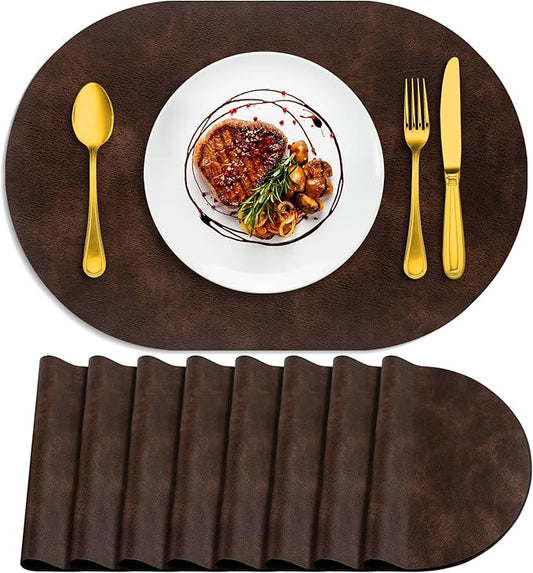 ADRIMER Placemats, Heat Resistant Oval Placemats Set of 8 Washable 12 x 17 Inch, Waterproof Table Mats, Wipeable Pu Place Mats for Kitchen, Dining Room, Coffee