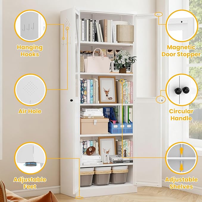 Pantry Cabinet with Glass Doors, 72??Kitchen Storage Cabinets with 5 Adjustable Shelves, Kitchen Pantry Cabinet with Ventilation Holes and Hooks for Home, Living Room, Pantry (White)