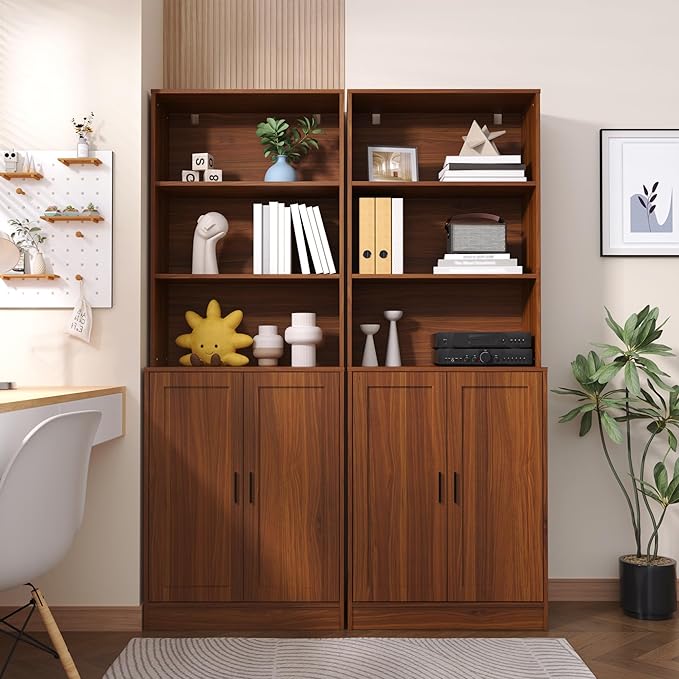 75" Tall Bookcase with Doors, 5 Tier Large Bookshelf with Cabinet, Standing Wood Display Book Shelf for Living Room, Office, Library with Doors, Brown
