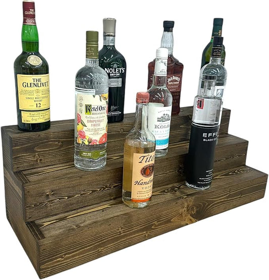 Handmade Tiered Display Shelving - Three Tier Bar Display - Bar Organizer - Liquor Bottle Display (30" without Back, Dark Walnut)