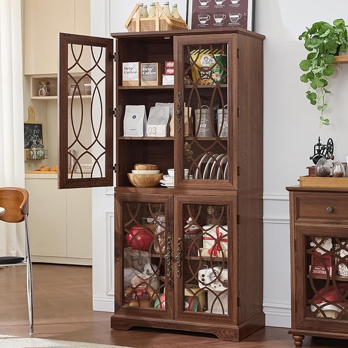 67" Tall Pantry Cabinet Set of 2, Vintage Kitchen Pantries Cabinets with Glass Doors & Adjustable Shelves, Wood Cupboard with Large Storage for Dingning Room, Bathroom, Brown