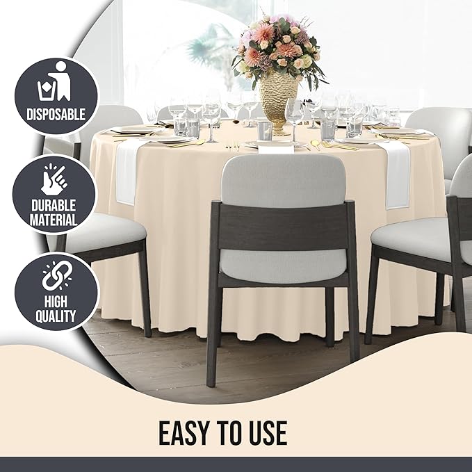 Party Solids 12-Pack Ivory Round Plastic Tablecloth Disposable ??Size: 108 Inches ??Round Plastic Table Cloths for Parties, Picnics & Formal Events