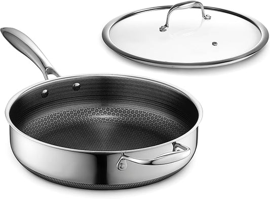 HexClad Hybrid Nonstick 4.5-Quart Deep Saut챕 Pan with Tempered Glass Lid, Stay-Cool Handle, Dishwasher-Friendly, Oven-Safe Up to 900째F, Induction Ready, Compatible with All Cooktops
