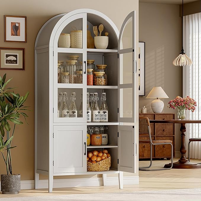 ONBRILL 71" Tall Arched Cabinet, 5-Tier Arched Kitchen Pantry with Glass Doors & Shelves, Modern Display Arch Cabinet with Adjustable Feet, Wooden Pantry for Living Room, Dining Room, Off White