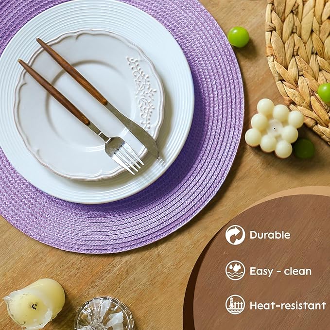 FunWheat Round Braided Placemats Set of 8 Table Mats for Dining Tables Woven Washable Non-Slip Place mats 15 inch(Lavender Purple,8pcs)