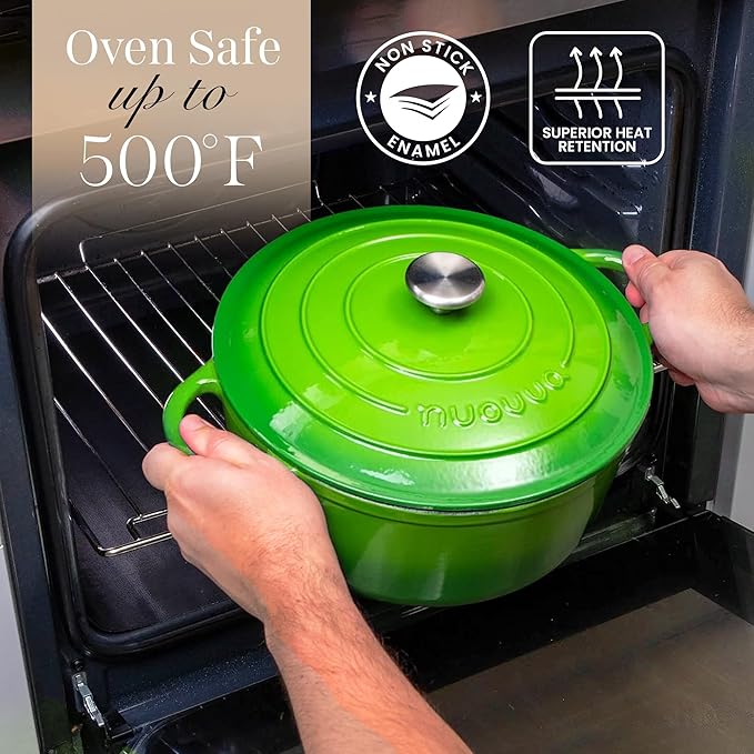 Nuovva Enamelled Cast Iron Dutch Oven Pot with Lid ??6.4 Quart Non Stick Casserole Pot ??Heavy Duty & Oven Safe up to 500째 F for Bread Baking, Braising, Stews, Roasting ??28cm Green