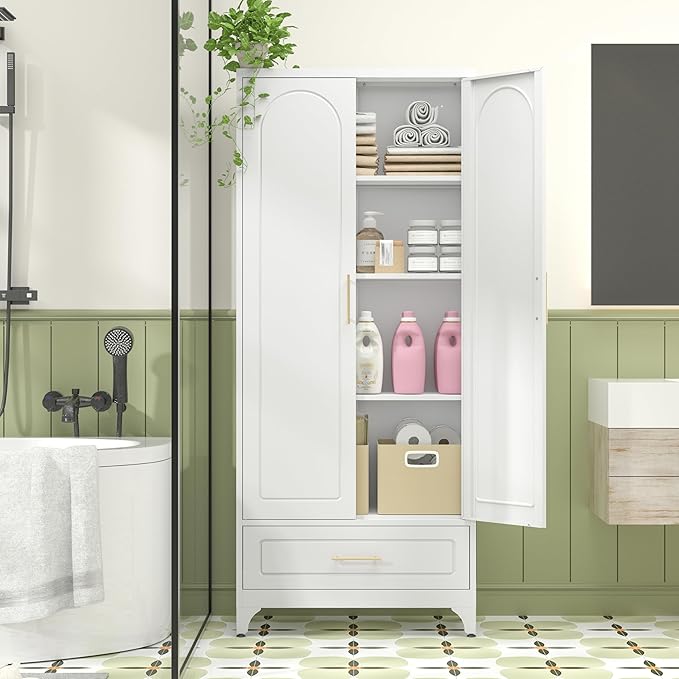 White Pantry Cabinet with Drawer, 75 Inch Tall Kitchen Cabinet, Metal Storage Cabinets with Doors and Shelves, Steel Food Pantries, Large Freestanding Cupboard for Dining Room-Assemble Required