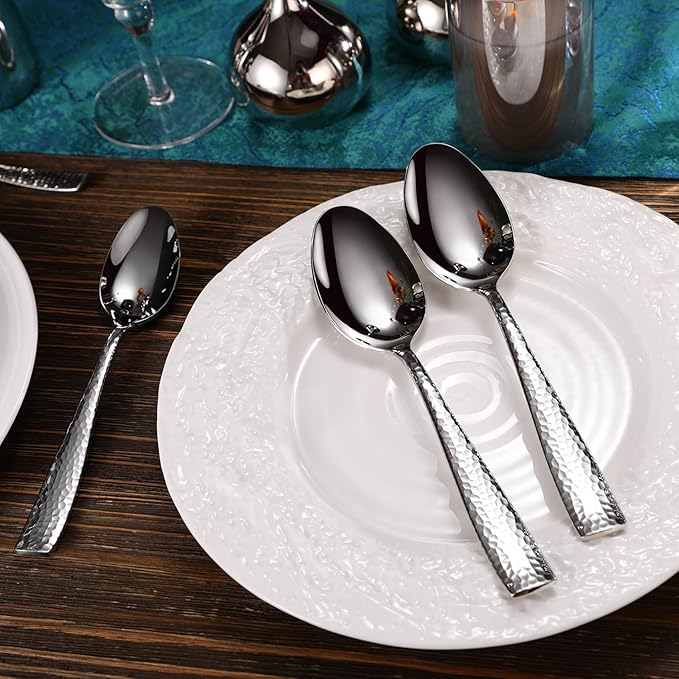 KEAWELL Premium Louis Hammered Table Utensils, 18/10 Stainless Steel, Squared Edge, Mirror Finish, Dishwasher Safe (Serving Spoons, Set of 2)