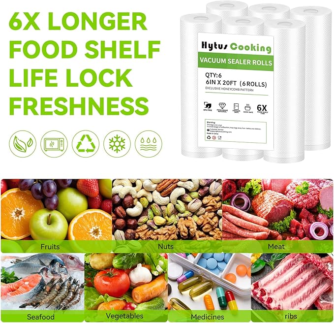 Vacuum Sealer Rolls Bags, 6 Rolls 8" x 20' Commercial Grade Food Vac Bag Rolls for Storage, Sous Vide BPA Free