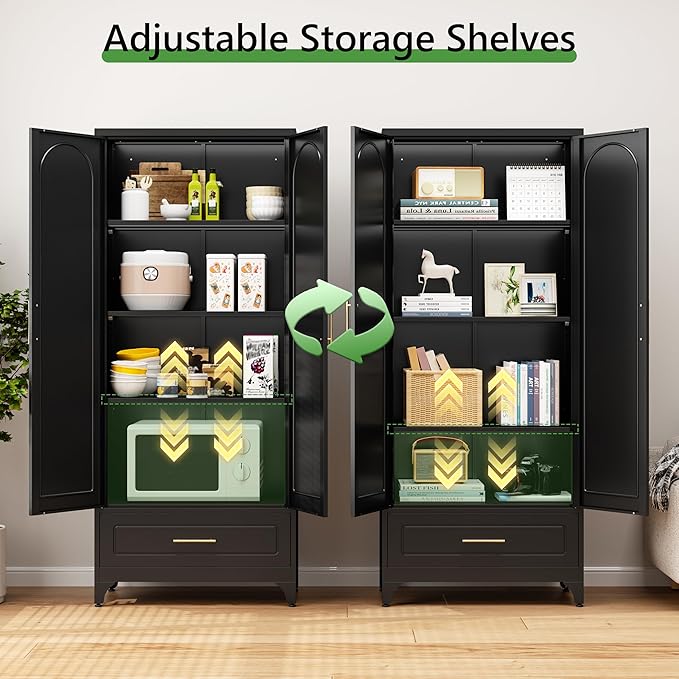 75??Kitchen Pantry Storage Cabinet,Metal Tall Storage Cabinet with Drawers and Adjustable Shelves,Modern Kitchen Hutch Cabinets,Freestanding Cupboard for Dining Room