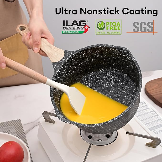 JEETEE Sauce Pan with Lid, Non Stick Small Pot with Coating, Masterclass Cookware Sauce Pot for Cooking, PFOA/PFOS Free Gray 2.0 QT