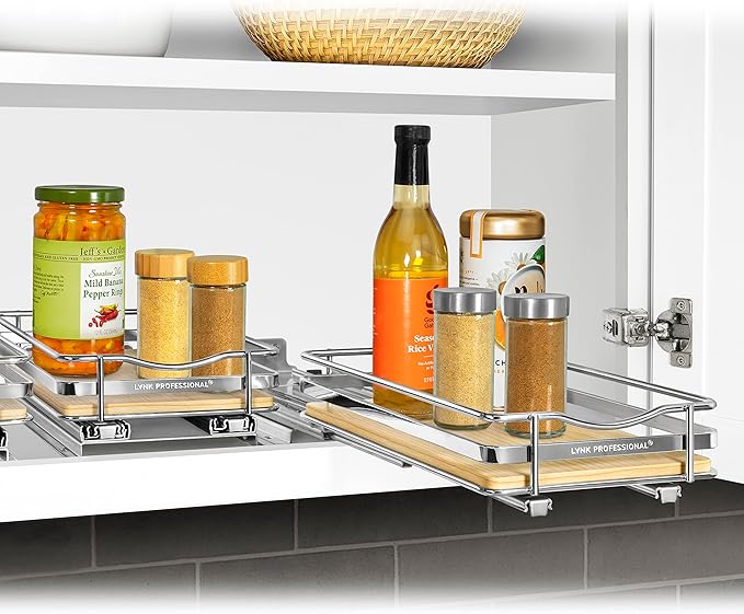 LYNK PROFESSIONAL짰 횋lite??Pull Out Spice Rack Organizer for Inside Kitchen Cabinets - 6-3/8 inch Wide - Slide Out Drawer ??Wood/Chrome Sliding Spice Cabinet Organization Shelf Racks - 1 Tier
