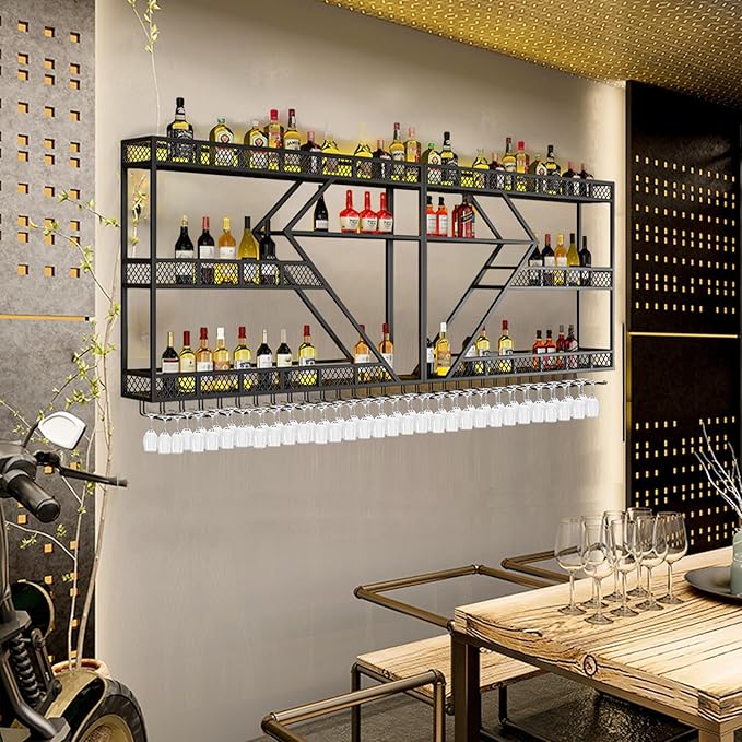 94.48in Metal Wine Rack Wall Mounted, Modern Wine Storage Rack Wall Mounted with Wine Glass Holder, Liquor Shelf, Bar Shelves for Liquor Bottles (3 Tiers Black, 94.48 * 7.87 * 33.85INCH)