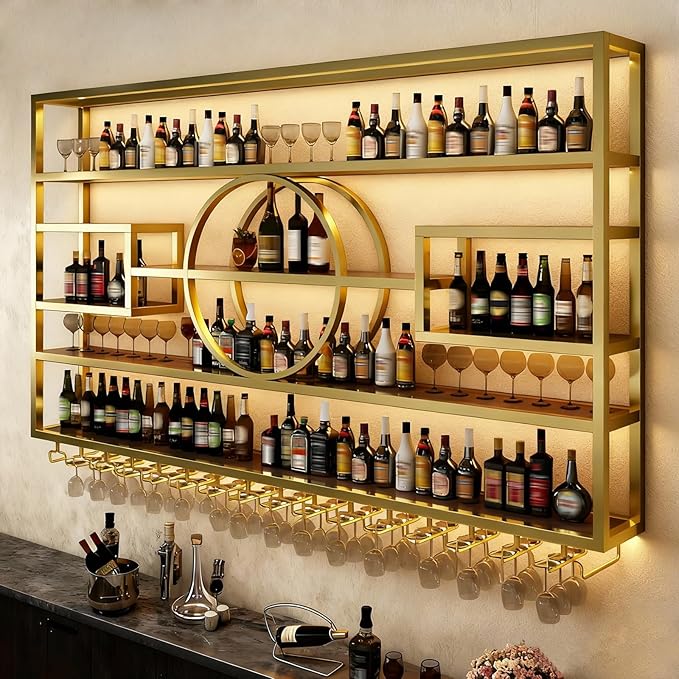 Wall Mounted Wine Rack, Modern Industrial Hanging Liquor Bottles Shelves with Wine Glass Holder, Metal Floating Wine Storage Display Shelf, for Bar, Kitchen, Wine Cellar (Gold, 160cm/63in)