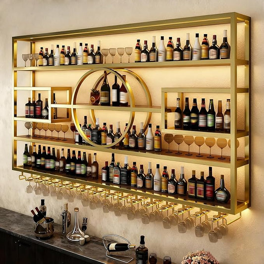 Wall Mounted Wine Rack, Modern Industrial Hanging Liquor Bottles Shelves with Wine Glass Holder, Metal Floating Wine Storage Display Shelf, for Bar, Kitchen, Wine Cellar (Gold, 160cm/63in)