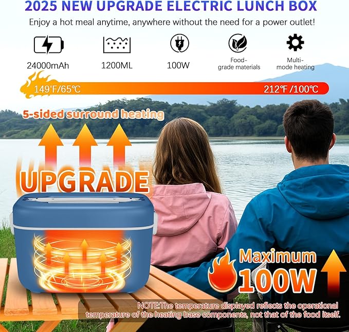 VYRALOFT Cordless Electric Lunch Box,24000mAh Battery Powered Self Heating Lunch Box,1.2L Portable Food Warmer With Removable Divider,Insulated Bag & Utensils,For Office & Outdoor Use