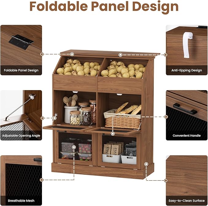 COSIEST Oversized Potato Storage Bin, 47'' High Wooden Bread Box with Adjustable Door Hinge, Farmhouse Potato and Onion Storage Bin with 4 Mesh Doors, Kitchen Fruit and Vegetable Storage Cabinet
