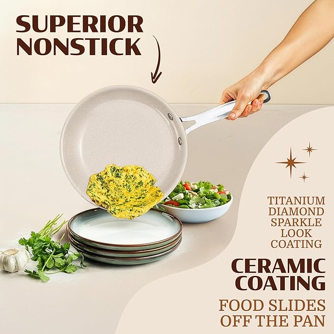 Granitestone Ceraluxe 3pc Non Stick Frying Pans Set, 8,10,12 inch Ceramic Frying Pan Skillet Set, Non Toxic Frying pans Nonstick for Cooking, Induction Ready, PFOA Free, Oven & Dishwasher Safe - Taupe