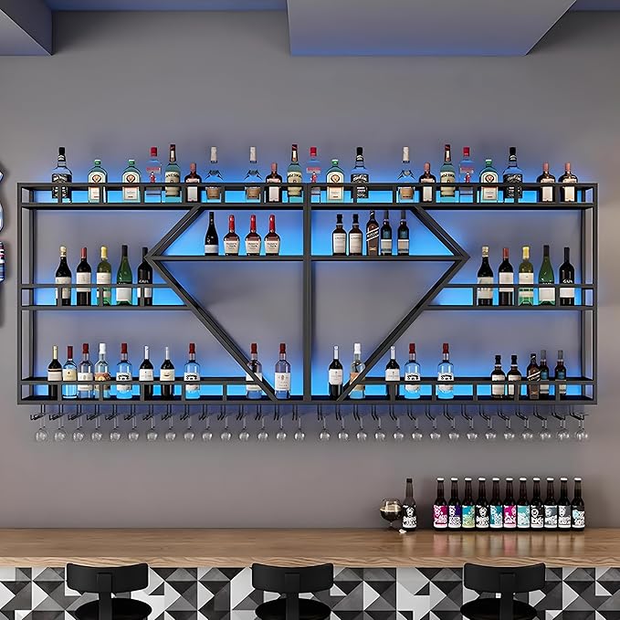 Wall Mounted Wine Rack, Large Metal Wine Bottle Holder, Modern Fashion Diamond Shaped Floating Bar Unit Wine Storage Shelves, for Home Restaurant Bars Decor (Black, 3 Tier - 63in)