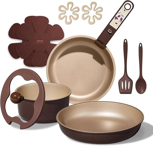 CAROTE 11pcs Ceramic Cookware Set, Pots and Pans Set Non stick, Induction Kitchen Cookware with Removable Handle, Dishwasher & Oven Safe, RV/Camping Cookware, PFAS Free, Brown