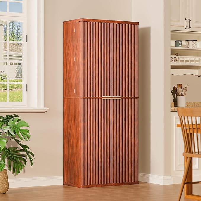 KEIKI 72" Tall Kitchen Pantry Wood Storage Cabinet with 6 Door Shelves Organizer Modern Fluted Cupboard for Kitchen