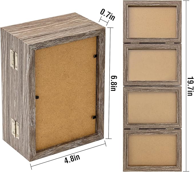 4x6 Four Picture Frame 4 Hinged Photo Frame with 4 Openings, Natural Wood Foldable Photo Frame with High Definition Acrylic for Birthday Father's Day Christmas Gift, Rustic Desk Family Picture Collage, Gray
