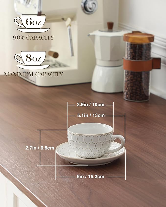 MALACASA 8 OZ Cappuccino Cups with Saucers Set of 4 - Ceramic Stackable Tea Cups and Saucers, Embossment Coffee Mugs for Tea, Latte and Mocha, Dishwasher Safe, Arctic white