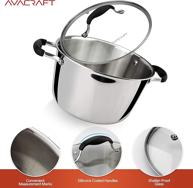 AVACRAFT 18/10 Tri-Ply Stainless Steel Dutch Oven, Chef?셲 Pan with Glass Lid, Induction Compatible, Multipurpose Stock Pot, 5 Quart