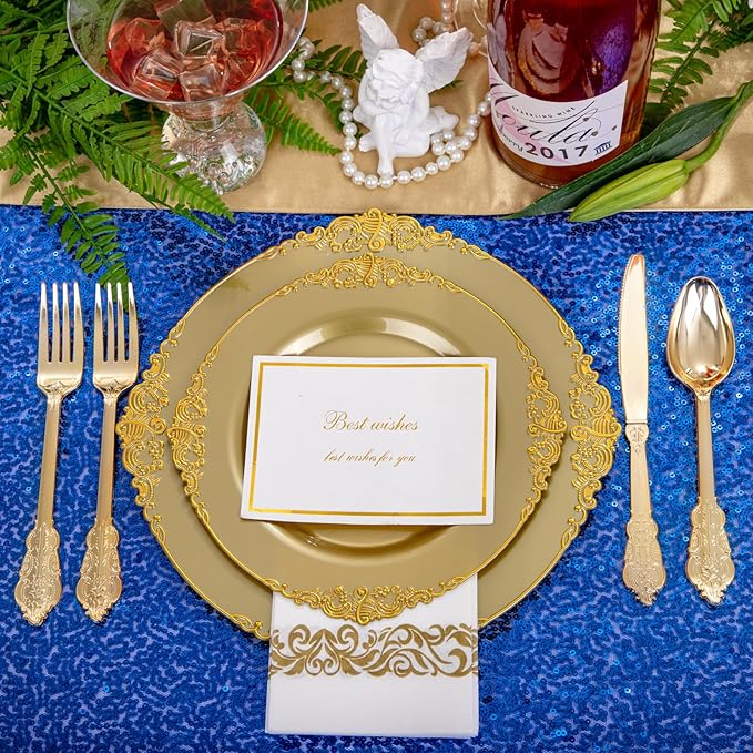 Morejoy 175PCS Solid Gold Plastic Plates with Gold Rim竊똤old disposable dinnerware sets Include 25 Dinner Plates,25 Dessert Plates,25 Cutlery Sets,25 Napkins Perfect for Party & Christmas