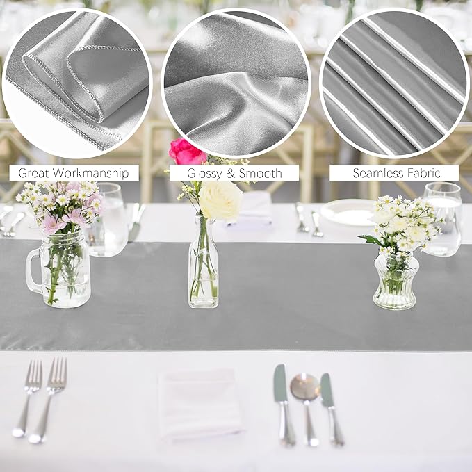 Aneco 4 Pack Satin Table Runner 12 x 108Inch Long Bright Silk and Smooth Fabric Party Table Runner for Wedding Banquet Party Decoration-Silver Gray