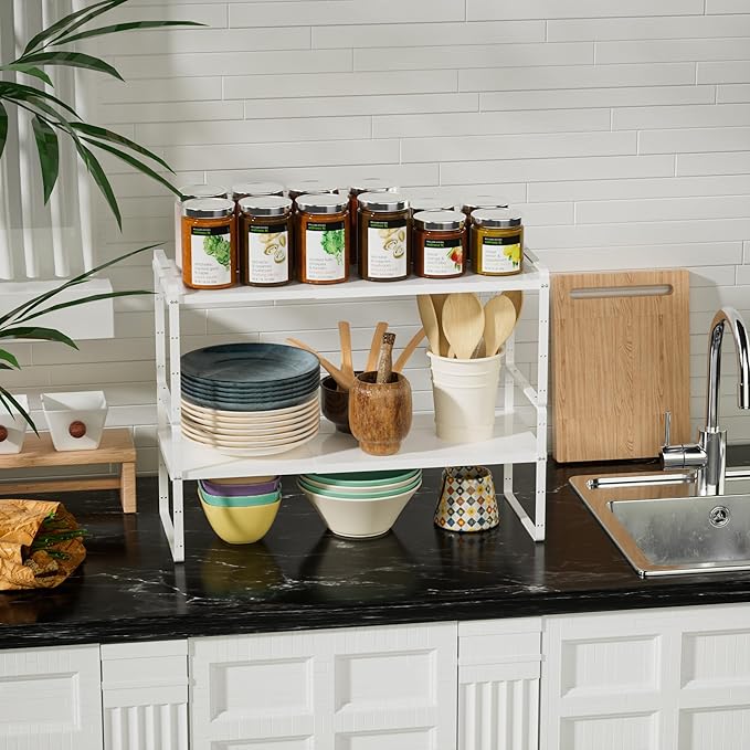Cabinet Organizer Shelves,Expandable Cabinet Spice Racks,Stackable Shelves,Adjustable Storage Shelves for Kitchen Pantry Countertop Cupboards Bathroom,White,D:8.07",2 Packs