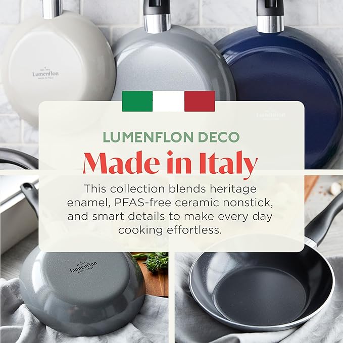 Deco 8??Nonstick Frying Pan Skillet, Made in Italy, Diamond Ceramic PFAS-Free, Dishwasher & Metal Utensil Safe, Durable Gloss Enamel Finish, Stay-Cool Handle, High Walls-Extra Room, Gray