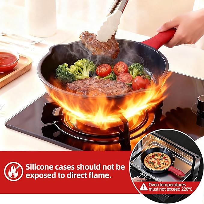 3 piece set, cookware set 6, 8, 10 Inches, for frying, saute, cooking, pizza & more, easy use in the oven, stove, grill, or campfire, black, with silicone heat-resistant cover