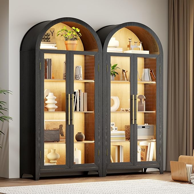 Vlsrka 71" Arched Storage Cabinet with Doors, Display Cabinet with LED Light & Human Sensor, 5-Tier Display Cases for Collectibles, Curio Cabinet with Ajustable Shelf for Living Room(Black+Wood)