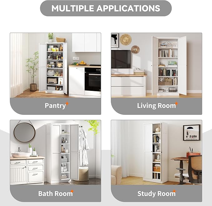 72 inch Tall Kitchen Pantry Cabinet, Metal Food Pantry Cabinet, Pantry Storage Cabinet with 5 Adjustable Shelves and 2 Doors, Utility Cupboard for Kitchen Laundry Living Room Bathroom, White