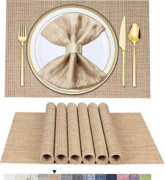 BETEAM Placemats Set of 6, Woven Vinyl Placemat for Dining Table Washable Wipeable Kitchen Place Mats Durable Indoor Outdoor Table Mats