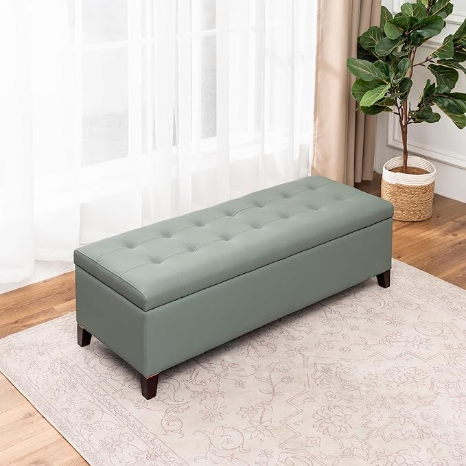 DECO DE VILLE Ottoman with Storage, 51 Inch End of Bed Storage Ottoman Bench, Faux Leather Upholstered Ottomans with Hinged Lid, Rectangle Long Foot Rest Bench for Living Room Bedroom Light Green
