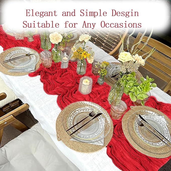 4 Pack Red Cheesecloth Table Runner 20 x 120 inch Gauze Table Runners 10 FT Long,Semi Sheer Boho Cheese Cloth Fabric Table Runner Bulk for Party,Wedding,Baby Shower,Bridal Shower Decoration