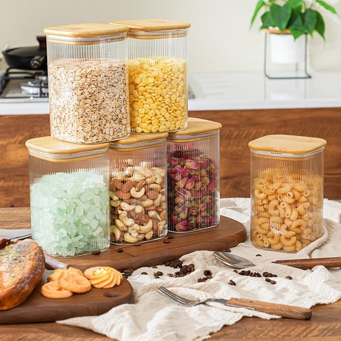 37oz Airtight Glass Square Storage Canisters with Bamboo Lids Set of 4 (1100ml) Striped Stackable Containers, Decorative Kitchen Jars for Tea, Nuts and Coffee (?럚ith Black Lable)