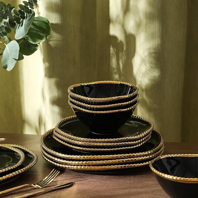 Christian Siriano Akoya Porcelain Dinnerware Set, 24-Piece - Dish Set for 8, Plates and Bowls Set, Black and Gold