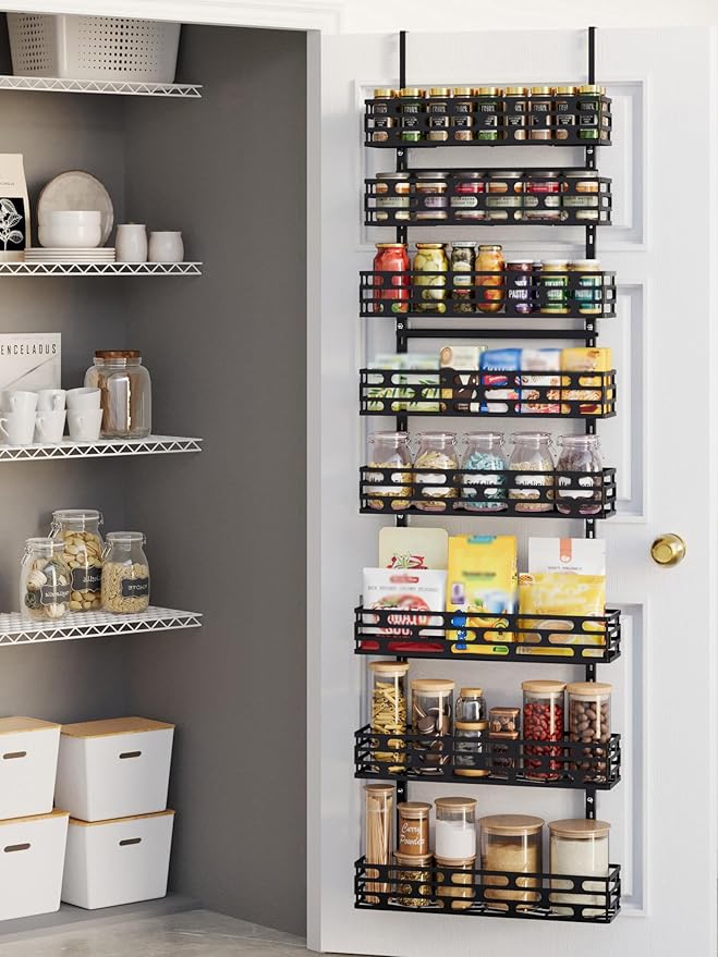 8-Tier Over The Door Pantry Organizer, Metal Pantry Organizers and Storage with Adjustable Basket, Spice Rack Seasoning Shelves for Home & Kitchen, Laundry Room Bathroom, Black