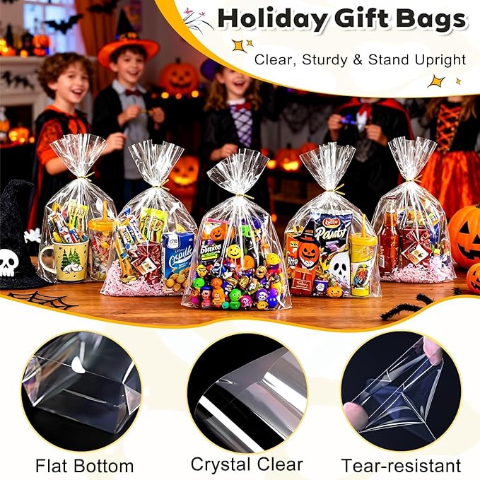 PigPotParty Cellophane Bags 10"x14", 100 Pack Clear Gift Bags, Bottom Gusset for Stand-Up Display, Medium Plastic Cellophane Gift Wrap, Ideal for Large Goodies, Treats, Favors, Mugs, Includes 100 Ties