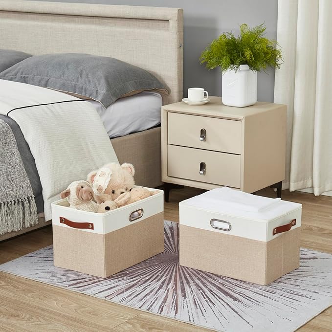 Bagnizer Large Collapsible Fabric Storage Bins with 3 Handles, Foldable Organizer Baskets for Closet, Shelves, Living Room | 3 Pack, Durable PU & Metal Handles (14.9"x9.8"x9.8", Beige & White)